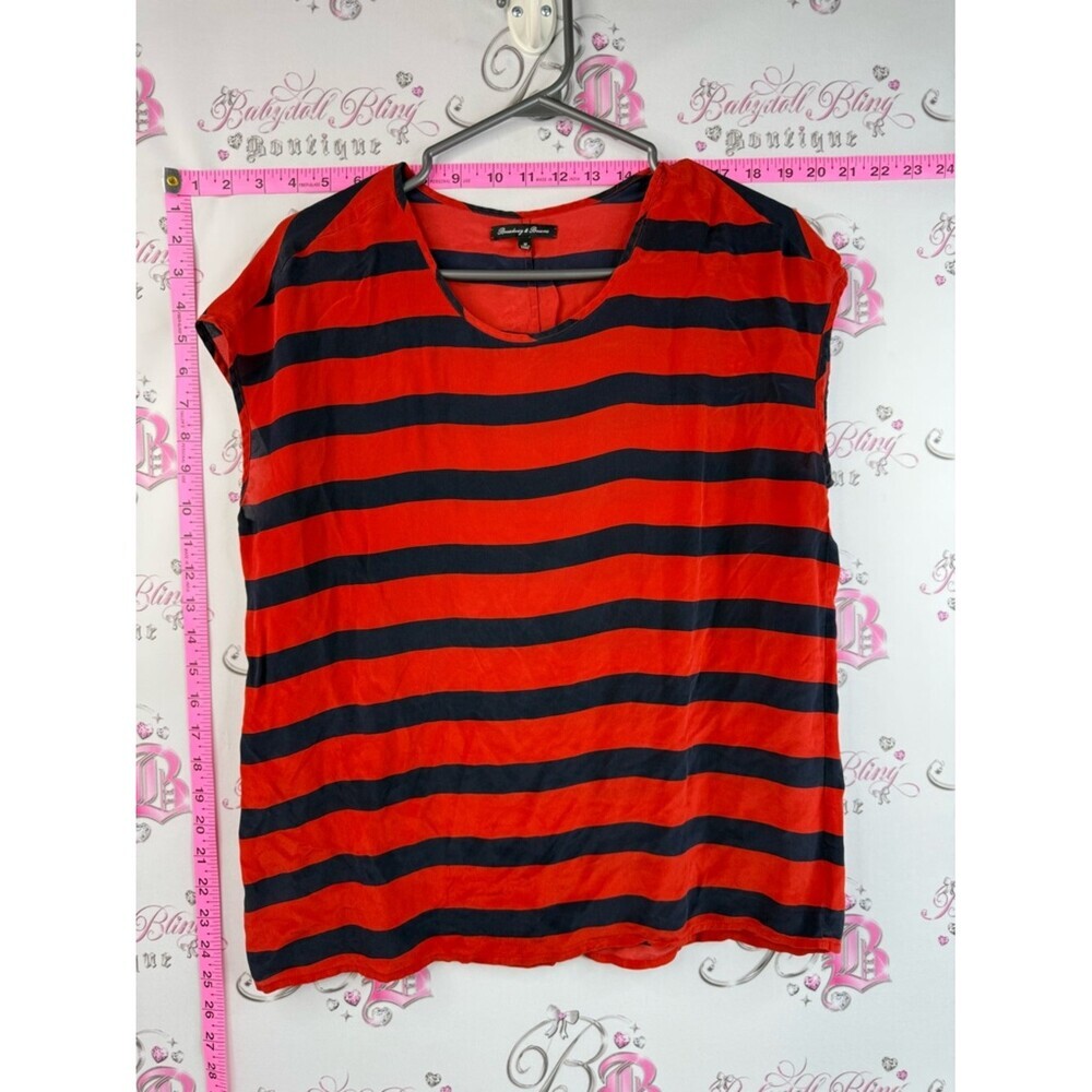 Broadway & Broome silk Striped Short Sleeve Tee with Red and Black Relaxed
